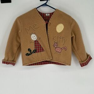 LINDA J DESIGNS Girls Jacket Size 4T Tan Applique Plaid Lined Folk Art Button Up